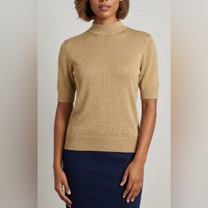 St. John Collection Shimmery Gold Knit Top Mock Neck Short Sleeve Vintage Medium